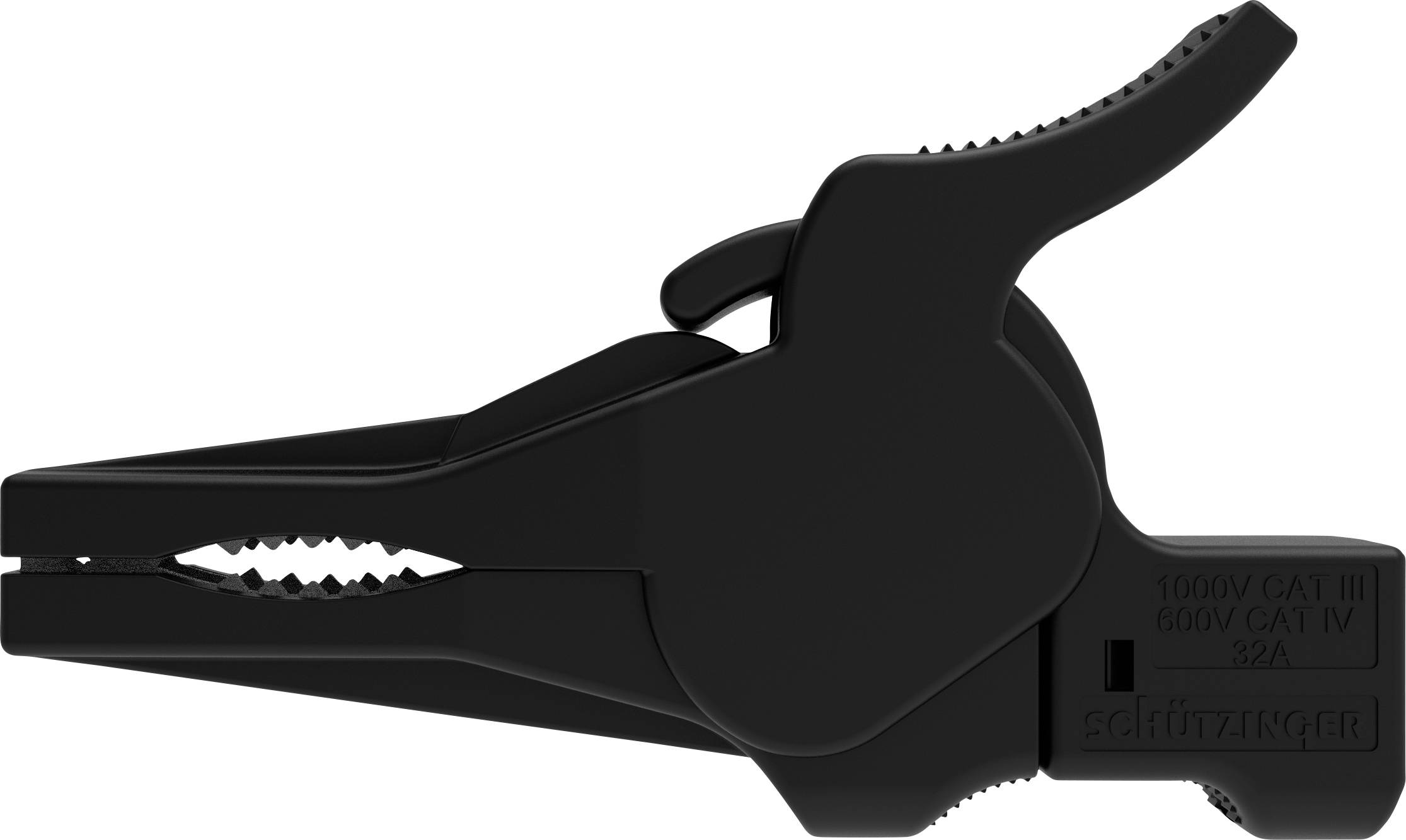 Black crocodile clip, insulated, suitable for 1000V CAT III and 600V CAT IV with 32A.