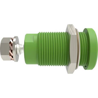 Green cylindrical mechanical component with a gear-like metal piece at one end, used in technical applications.