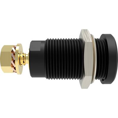 A black, ribbed cylinder with a gold-coloured connector and metallic seal on a white background.