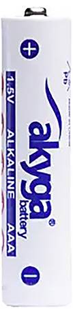 A AAA alkaline battery by the brand Akyga, with blue lettering and a positive terminal at the top.