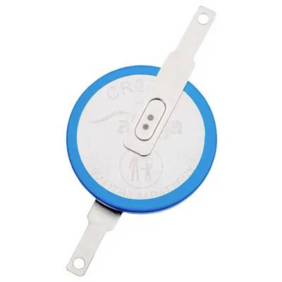 Round, silver button cell battery with blue edging and two metal tabs for connection. Inscription 'CR2032'.
