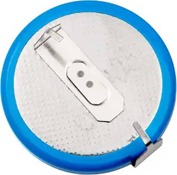 A silver button cell battery with a blue edge. It has a flat, round design and a small metal contact on the top surface.