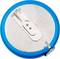 A silver button cell battery with a blue edge. It has a flat, round design and a small metal contact on the top surface.