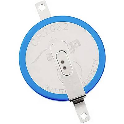 CR2032 button cell battery in silver with a blue border and two metal contacts.