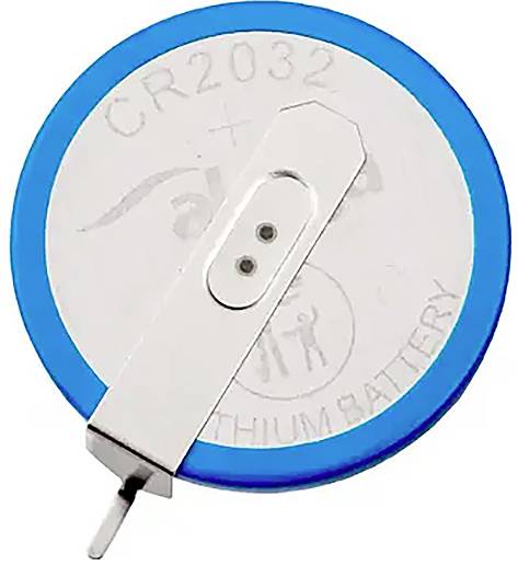 A CR2032 lithium battery with a blue border and a metal bracket on the top surface.