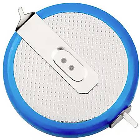 Blue button cell battery with silver top surface and two contacts, used for electronic devices.