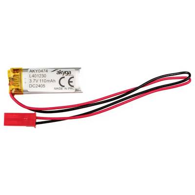 'Small lithium-polymer battery with cable and plug, 3.7V, 110mAh, Model number AKY0474, suitable for electronic devices.'