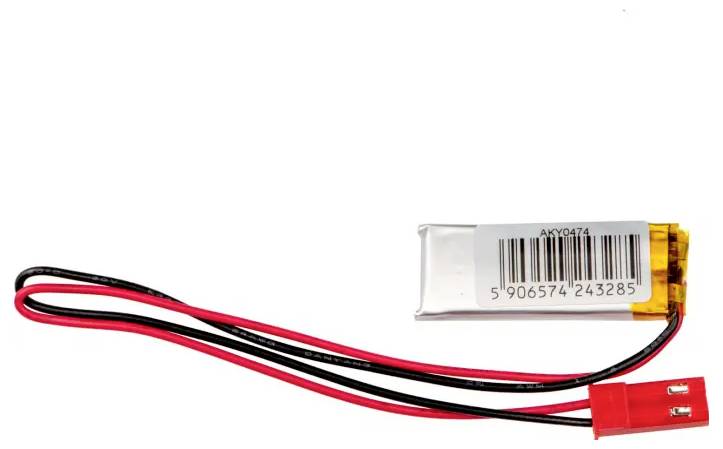 A small rectangular battery with two protruding wires, red and black, terminating in a connector; suitable for electronic devices.