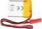 Flat lithium-polymer battery with yellow protective band, red and black cable, and red connector. Symbolises recycling and CE certification.