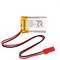 'Small lithium-polymer battery with inscription "3.7V 300mAh". Red and black cables with red plug.'