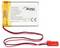 Lithium-Polymer battery with 320mAh and 3.7V. Red and black cables with connector. Warning: Avoid short-circuiting, avoid heat. Manufactured in China.
