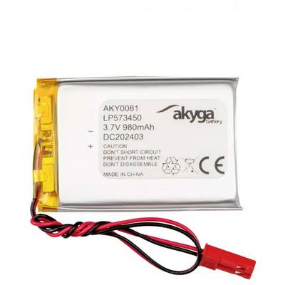 A lithium-ion battery with black and red cable. Printed label shows: '3.7V, 980mAh'. Warning notes: 'Avoid short-circuiting, protect from heat'.