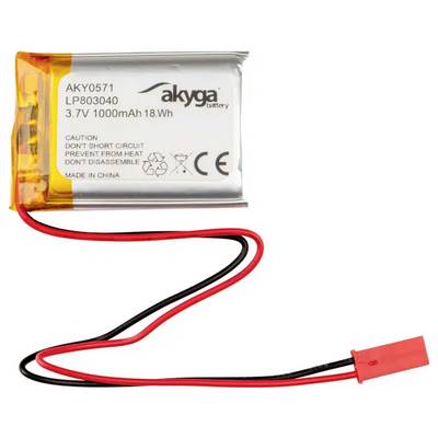 Battery with 'akyga battery' inscription, 3.7V 1000mAh, 18Wh, red and black cables. Warning: Avoid short-circuiting, protect from heat.