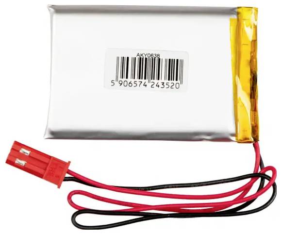 A rectangular lithium-ion battery with a barcode and red cable connection.