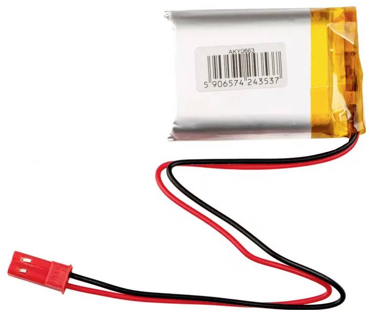 Small lithium-ion battery with red and black cables and a red connector. The battery is partially wrapped in yellow material.