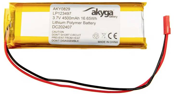 'Lithium-Polymer battery by Akyga with 4500mAh, 16.65Wh, 3.7V. Caution: Prevent contact with heat, do not short-circuit or disassemble.'