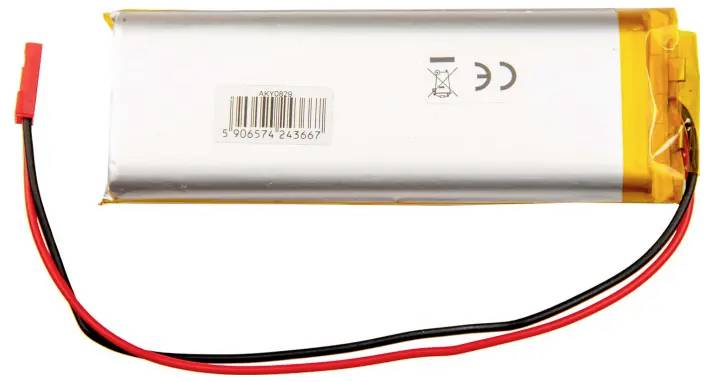 A rectangular lithium polymer battery with barcode labels and CE marking; red and black cables are connected.