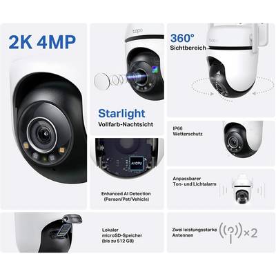 Surveillance camera with 2K 4MP resolution, 360° view, Starlight night vision, IP66 protection, AI detection and microSD storage support.