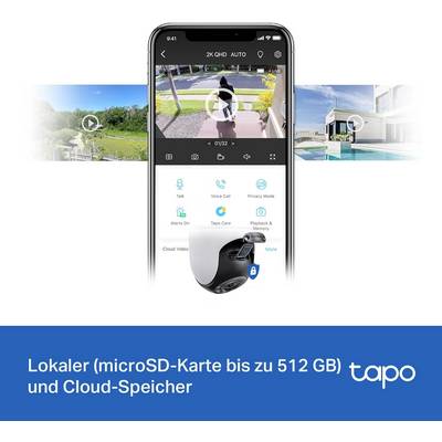 A smartphone displays a security camera app with live video streaming. Below it reads 'Local (microSD card up to 512 GB) and cloud storage'.