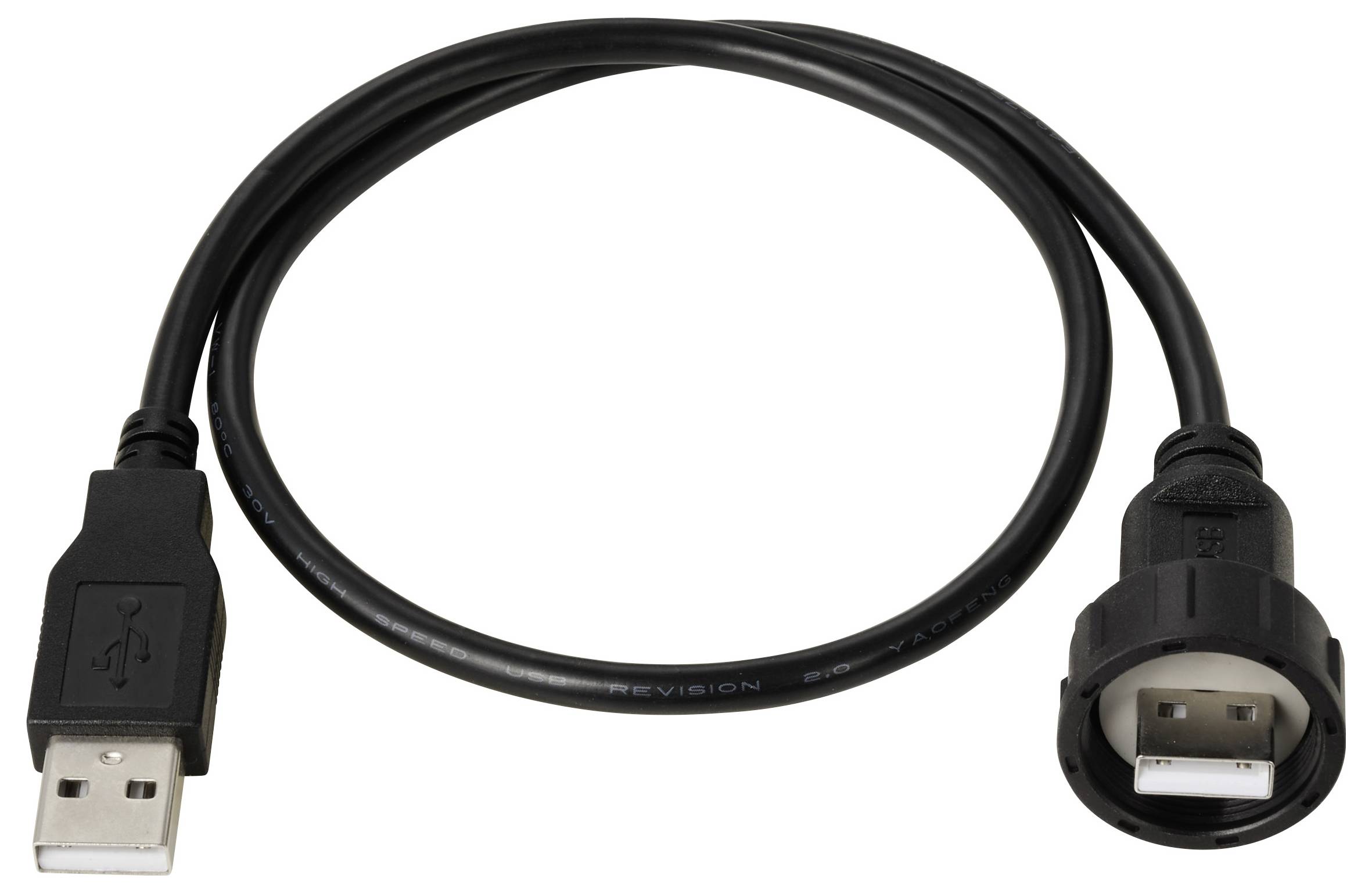 A USB extension cable with male and female connectors, black cable, suitable for extending USB connections.
