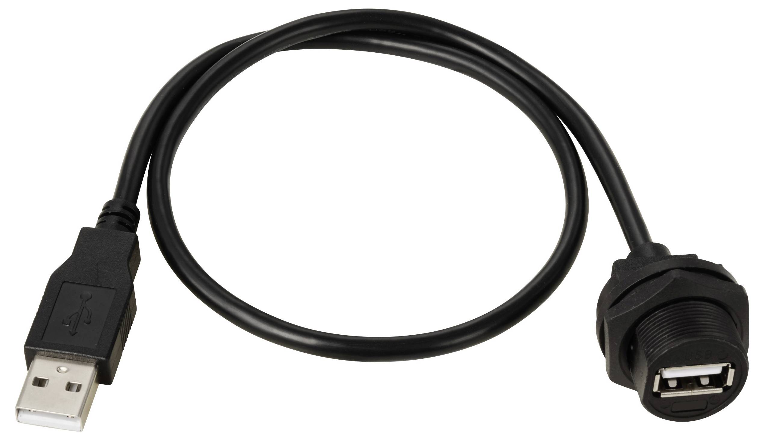 A black USB cable with a standard USB connector on one side and a socket on the other, suitable for device connections.