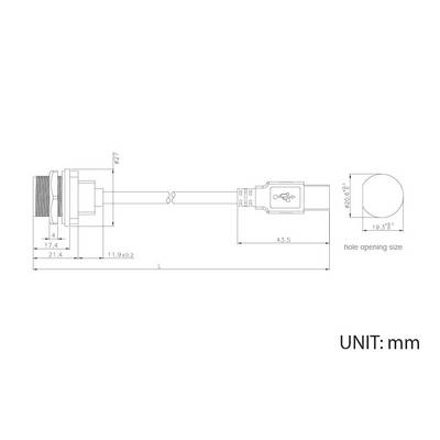 Technical drawing of a connector with dimensional specifications in millimetres, including bore size top right.