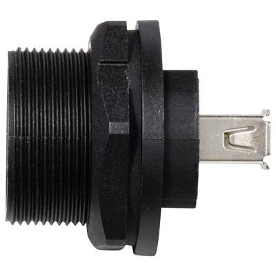 Black, cylindrical electrical terminal with thread and metal contact, pictured from the side, against a white background.