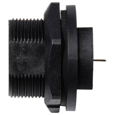 Black plastic adapter with thread and protruding pin, shown from the side.