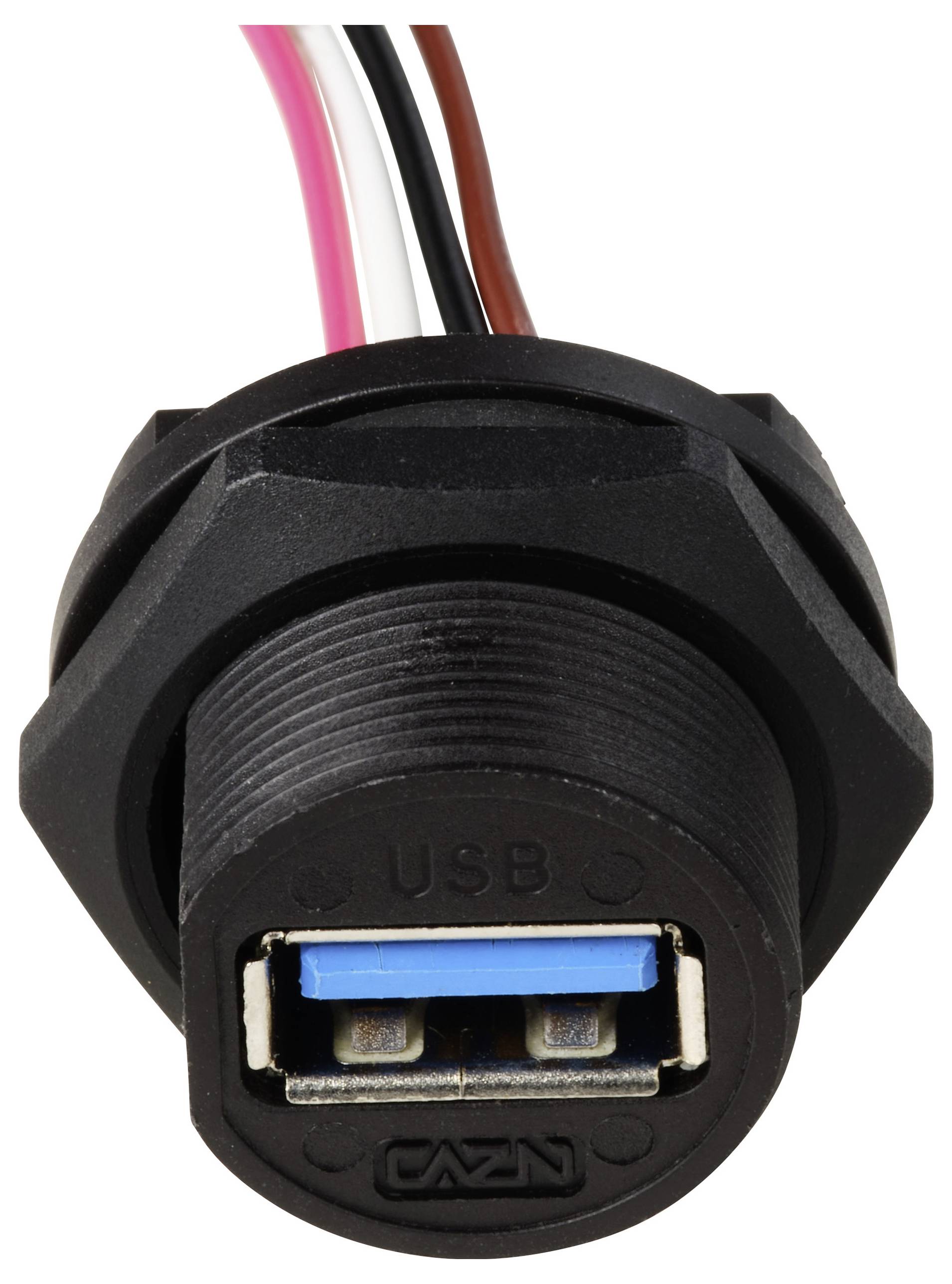 A black USB port component with blue interior and wires attached, indicating it's part of an electrical or electronic assembly.