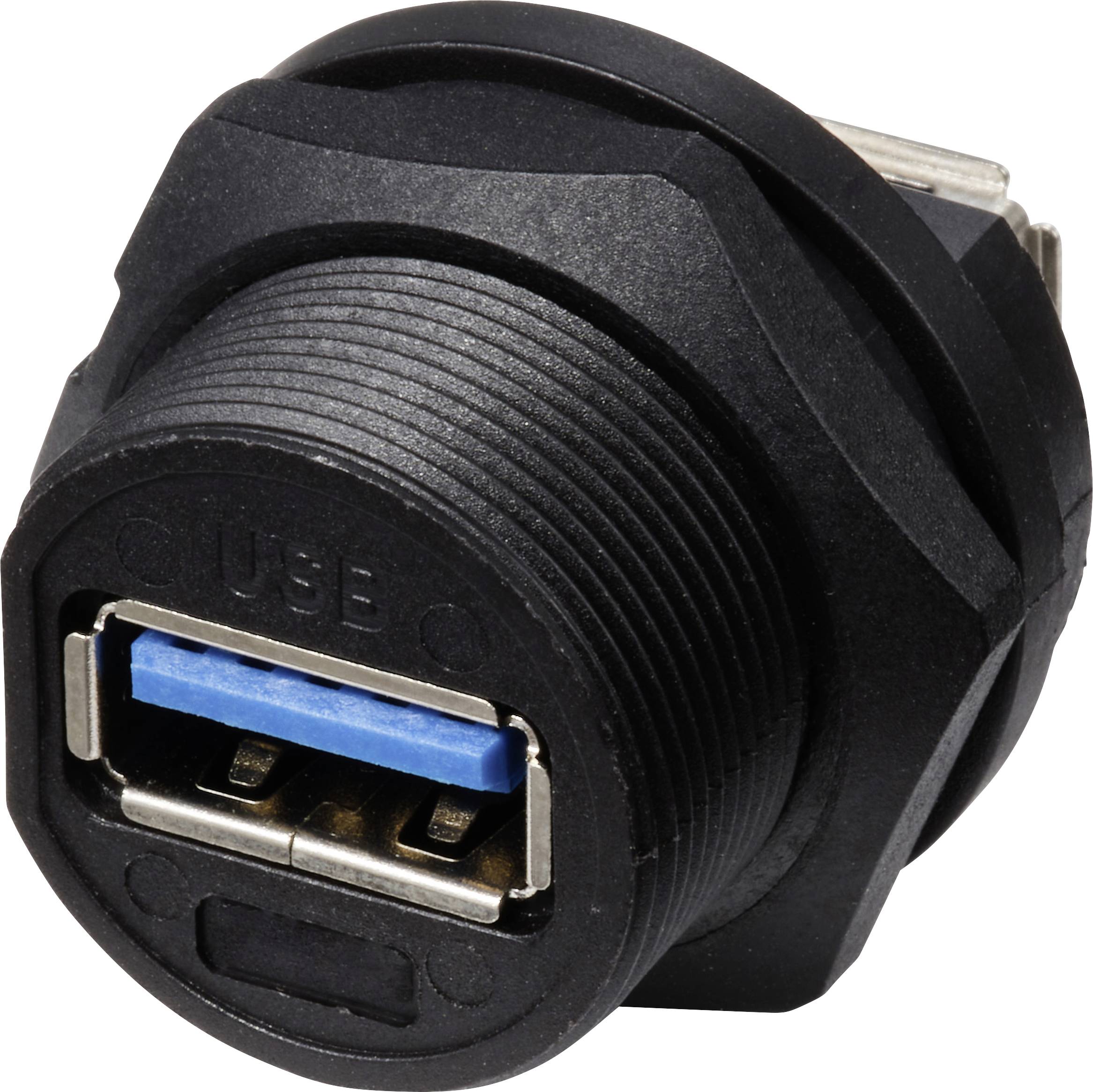 A black, cylindrical USB port suitable for device installation, with a blue inner lining.