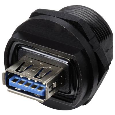USB 3.0 socket, black, for installation, shows blue interior for fast data transfer, with thread for secure mounting.