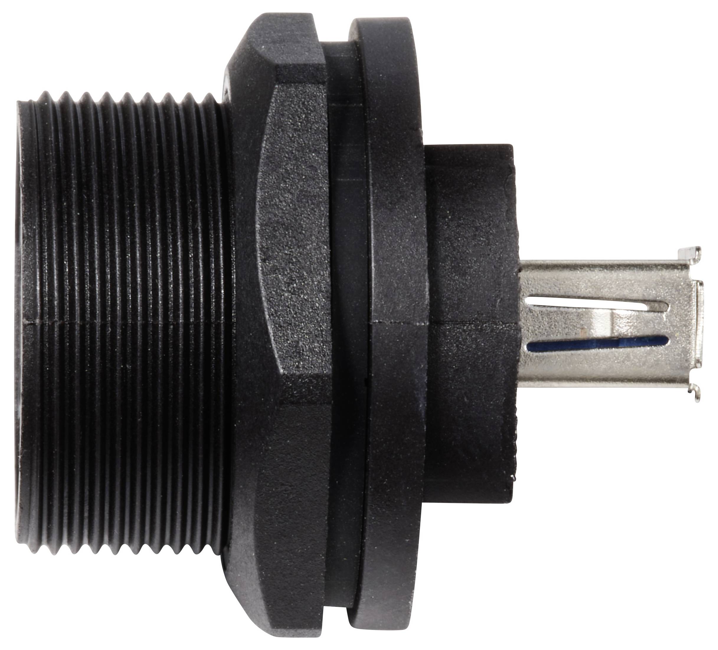 Black connector with metal pins, shown from the side.