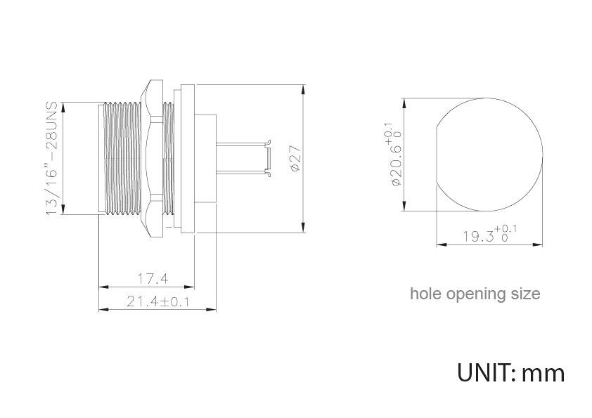 Technical drawing of a cylindrical component with dimensions in mm. The left side shows the component in cross-section, the right side illustrates the hole size.