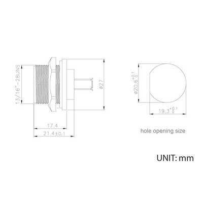 Technical drawing of a cylindrical component with dimensions in mm. The left side shows the component in cross-section, the right side illustrates the hole size.