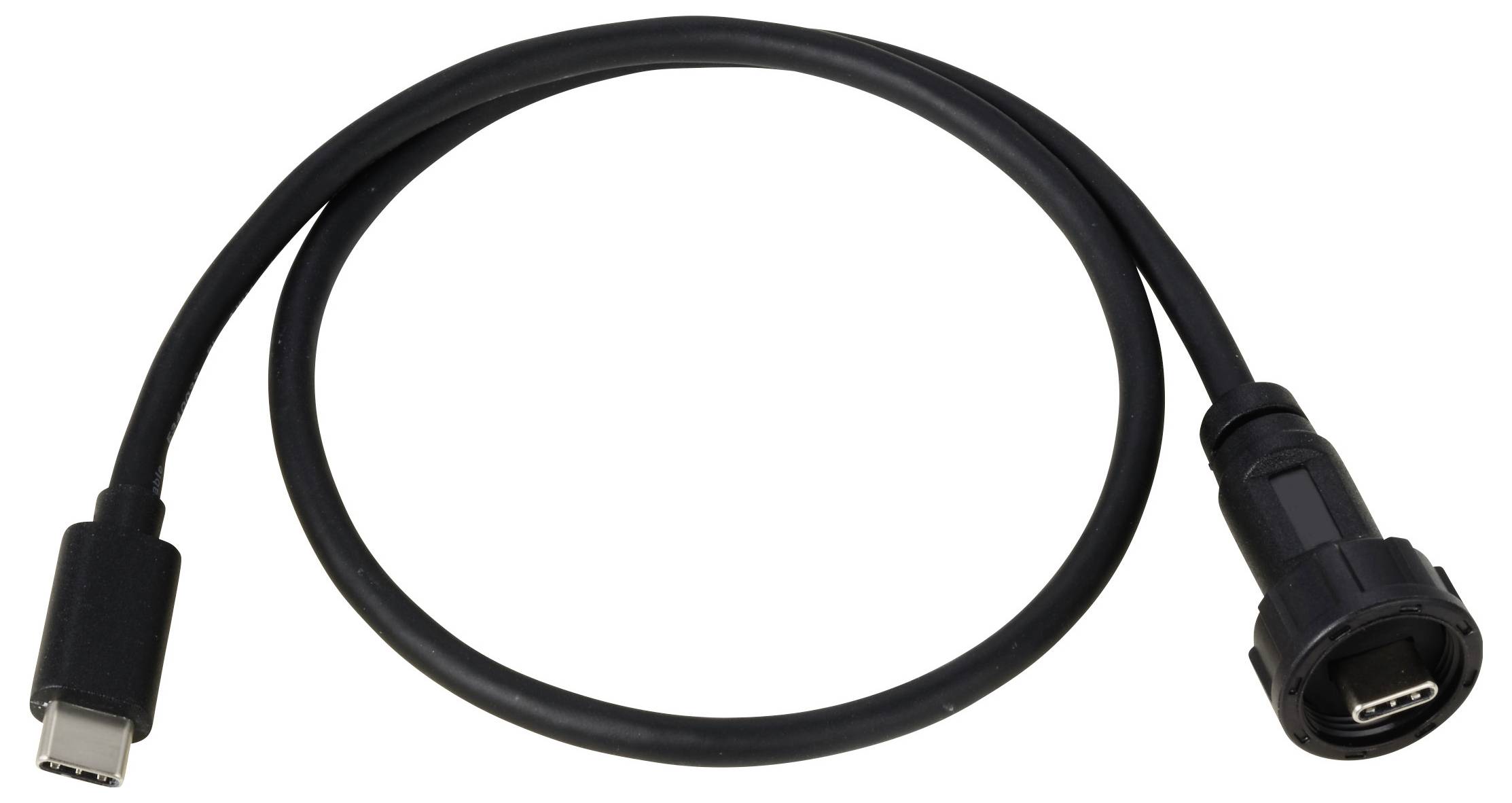 A black USB-C cable with plugs at both ends, suitable for data transfer and charging devices.