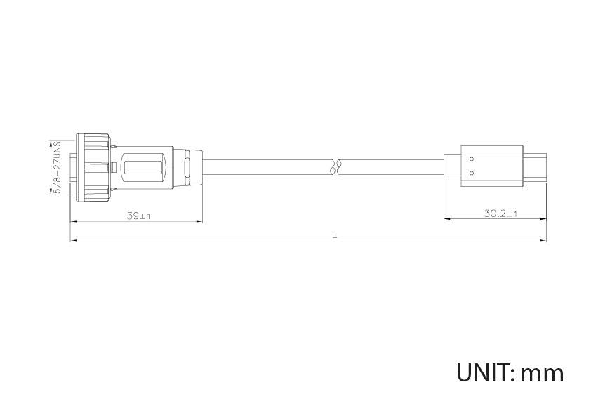 'Technical drawing of an electrical cable with plug and socket, length specifications in mm: plug 39±1, socket 30.2±1.'