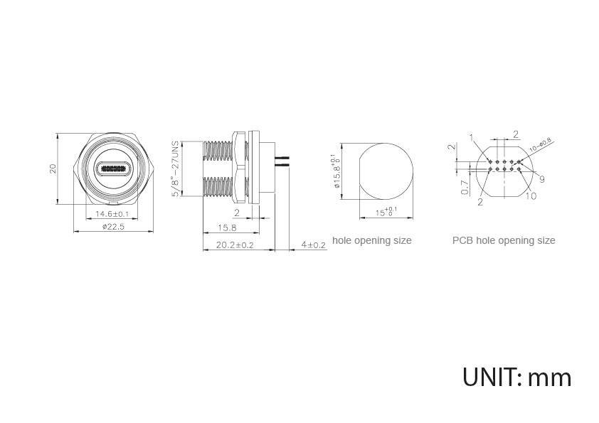 Technical drawing of a USB-C connector with thread; dimensions in mm. Main view shows front, side, and top view.