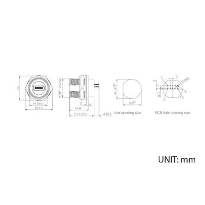 Technical drawing of a USB-C connector with thread; dimensions in mm. Main view shows front, side, and top view.