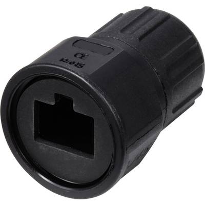 Black RJ45 connector socket, suitable for network connections.