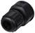 A black plastic cable connector with a ribbed design and a screw-on cap, suitable for securely connecting electrical cables.