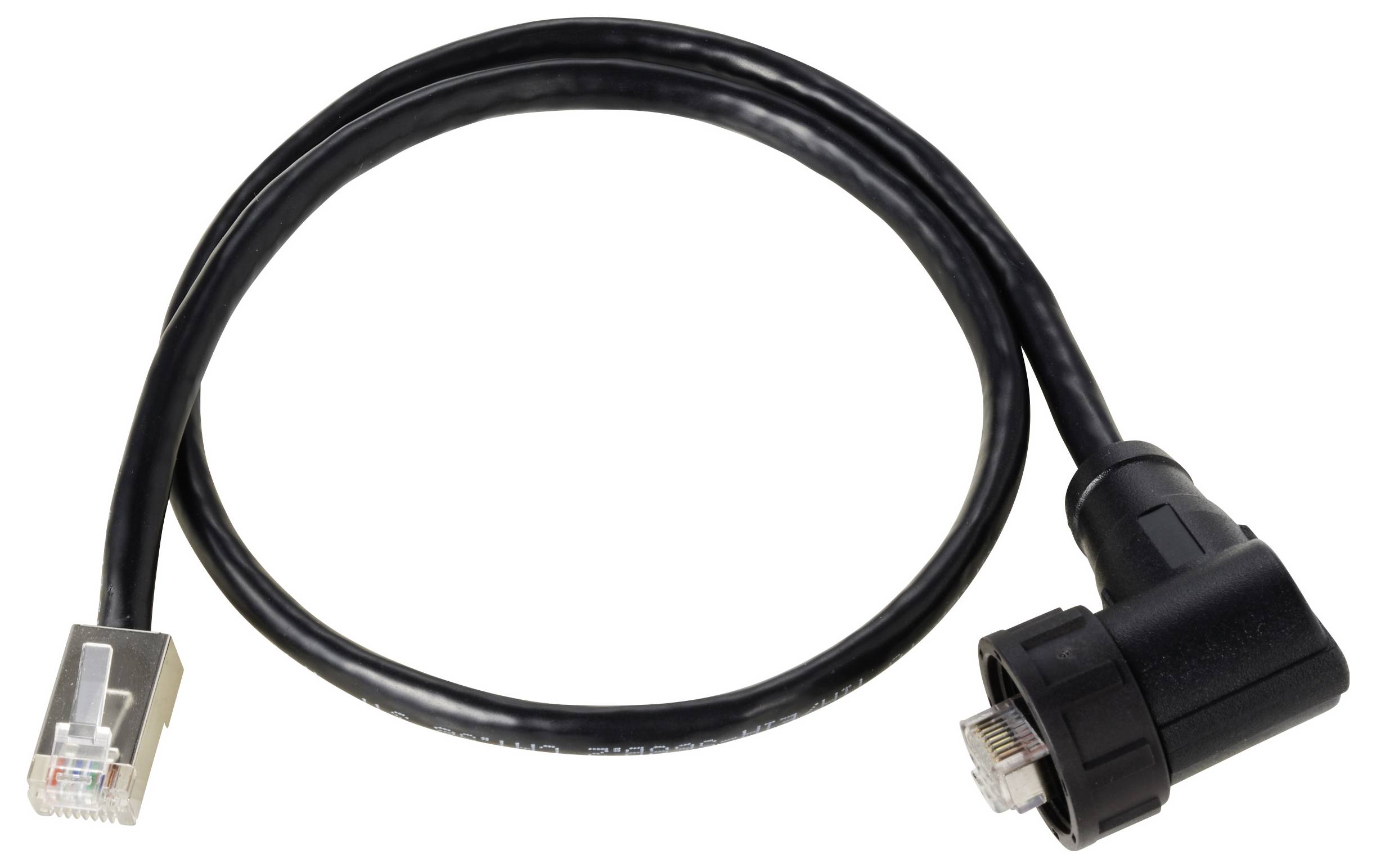 'A black Ethernet cable with an angled connector and an RJ45 plug, suitable for network connections.'