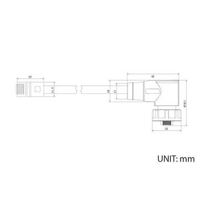 Drawing of an angled plug with dimensions: Length 45 mm, Width 22 mm, Height 48.1 mm. Unit indicated in mm.