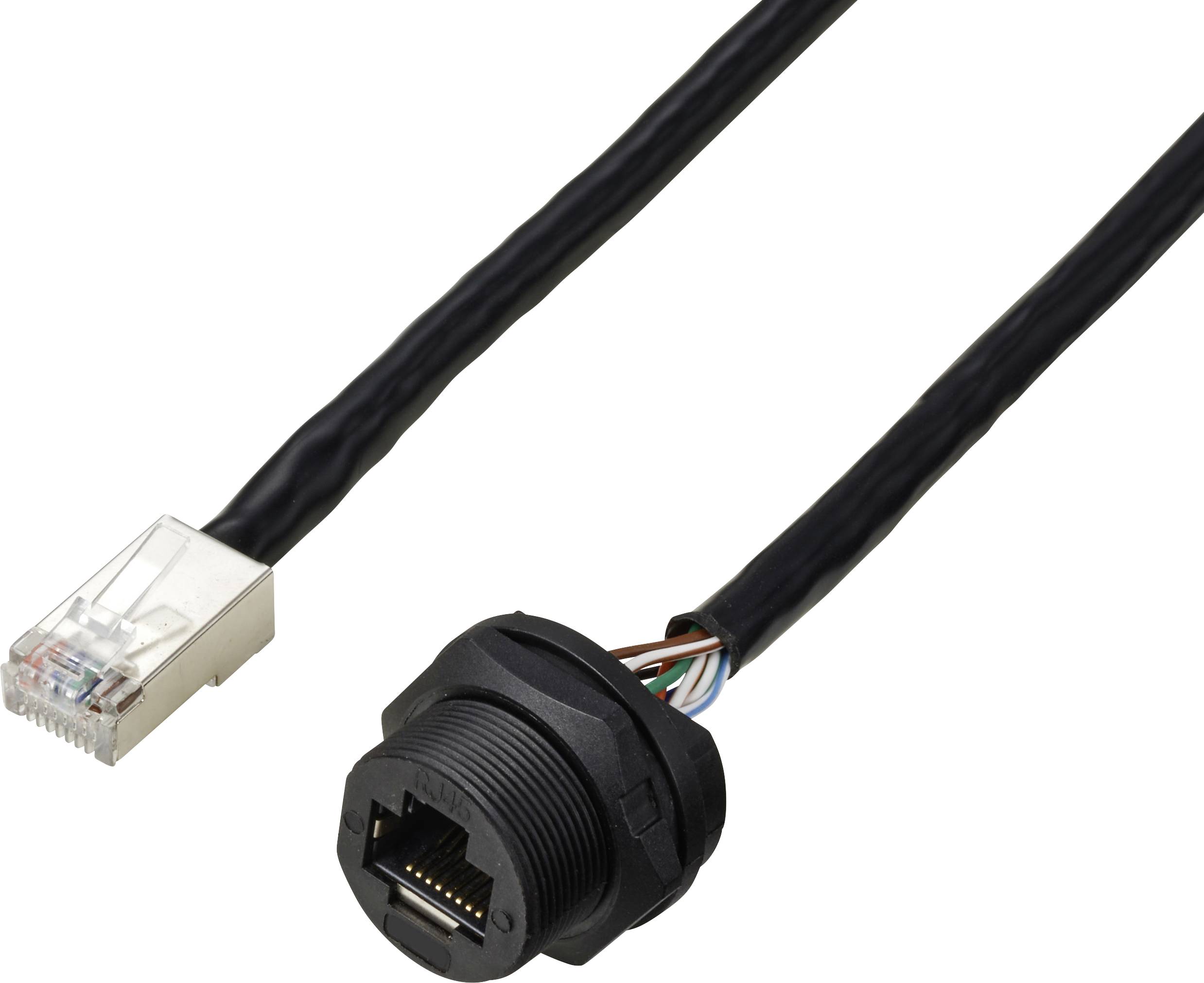 An Ethernet cable with RJ45 plug and water/dust-protected socket, suitable for harsh environments.