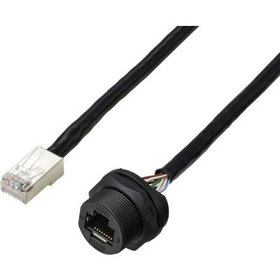 An Ethernet cable with RJ45 plug and water/dust-protected socket, suitable for harsh environments.