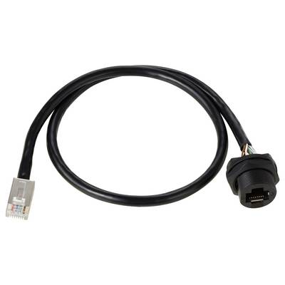 A black network extension cable with an RJ45 plug on the left side and an RJ45 socket on the right side.