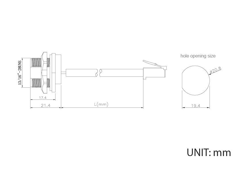 Technical drawing showing the dimensions of an electrical connector, with side and front views, unit of measurement in millimetres.