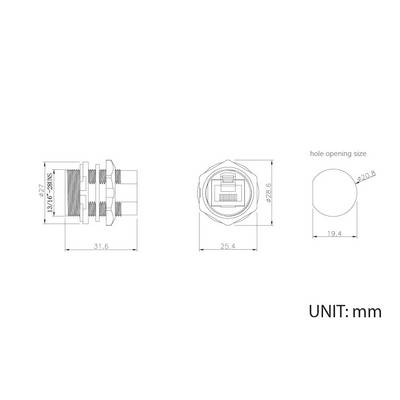 Technical drawing of a round plug with dimensional specifications in millimetres. Shows front, side, and top views.