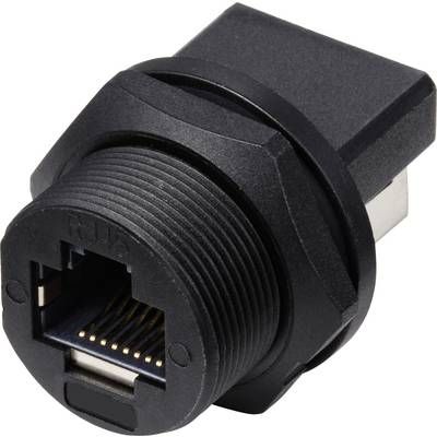 Black RJ45 network connector adapter, in industrial design, for panel mounting, showing pins and housing.