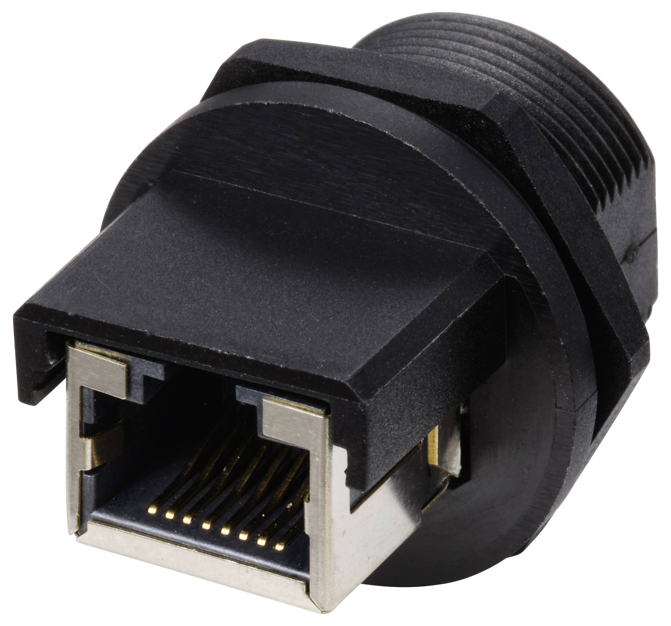Black RJ45 network socket, close-up. The socket shows metal contacts for connecting Ethernet cables.