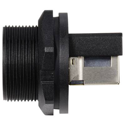 A black connector plug with metal contacts and a cylindrical thread at the left-hand end.